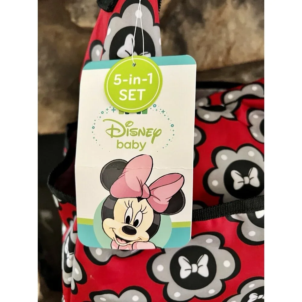 DISNEY BABY MINNIE MOUSE 5-in-1 Adjustable Strap Red Carryall Diaper Bag Set NWT